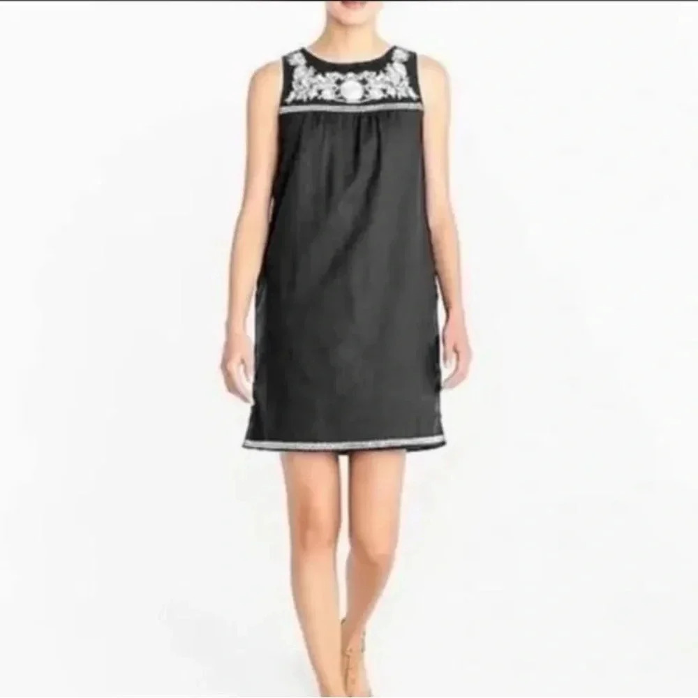 J Crew Linen Blend Black Embroidered Shift Dress